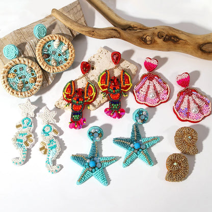 Bohemian Ocean Animal Earrings - Starfish Lobster Conch Seed Bead Drop Earrings for Women - ZOOMNSTORE