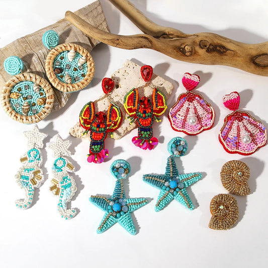Bohemian Ocean Animal Earrings - Starfish Lobster Conch Seed Bead Drop Earrings for Women - ZOOMNSTORE