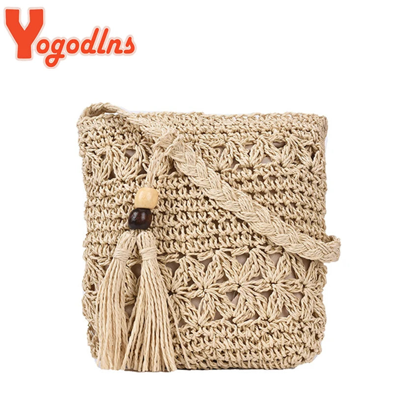 Bohemian Straw Shoulder Bag - Handmade Travel Beach Crossbody with Tassels - ZOOMNSTORE