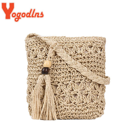 Bohemian Straw Shoulder Bag - Handmade Travel Beach Crossbody with Tassels - ZOOMNSTORE