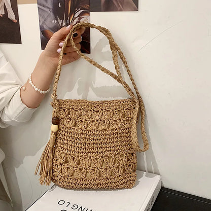 Bohemian Straw Shoulder Bag - Handmade Travel Beach Crossbody with Tassels - ZOOMNSTORE
