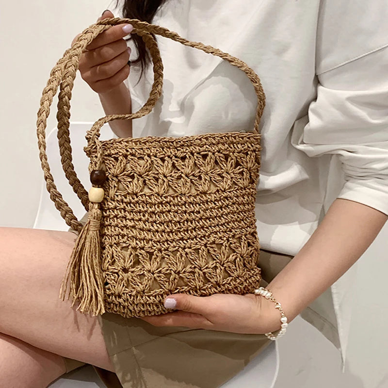 Bohemian Straw Shoulder Bag - Handmade Travel Beach Crossbody with Tassels - ZOOMNSTORE