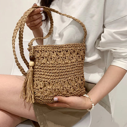 Bohemian Straw Shoulder Bag - Handmade Travel Beach Crossbody with Tassels - ZOOMNSTORE