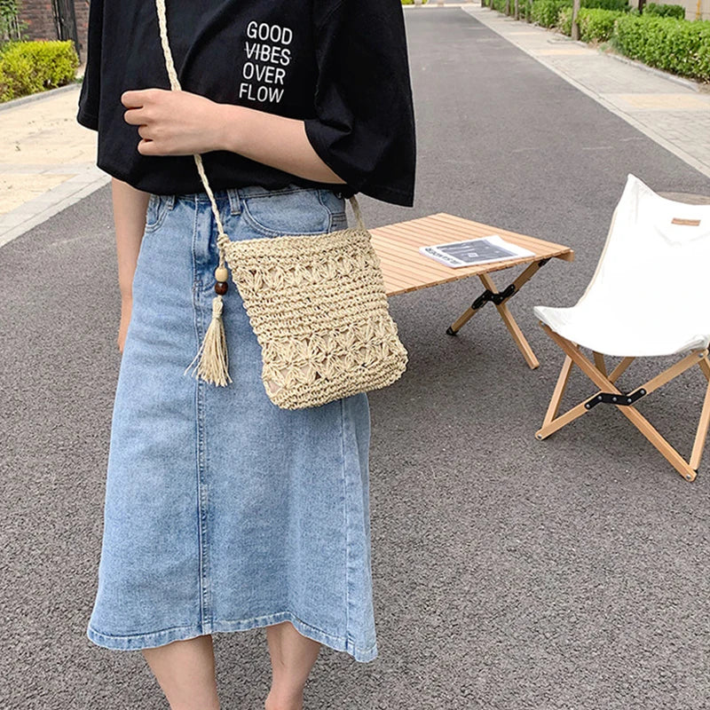 Bohemian Straw Shoulder Bag - Handmade Travel Beach Crossbody with Tassels - ZOOMNSTORE