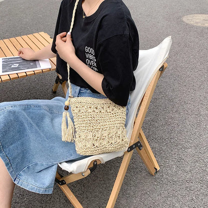 Bohemian Straw Shoulder Bag - Handmade Travel Beach Crossbody with Tassels - ZOOMNSTORE