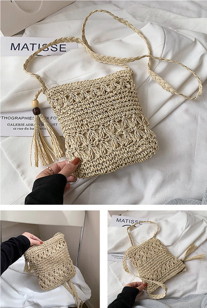 Bohemian Straw Shoulder Bag - Handmade Travel Beach Crossbody with Tassels - ZOOMNSTORE