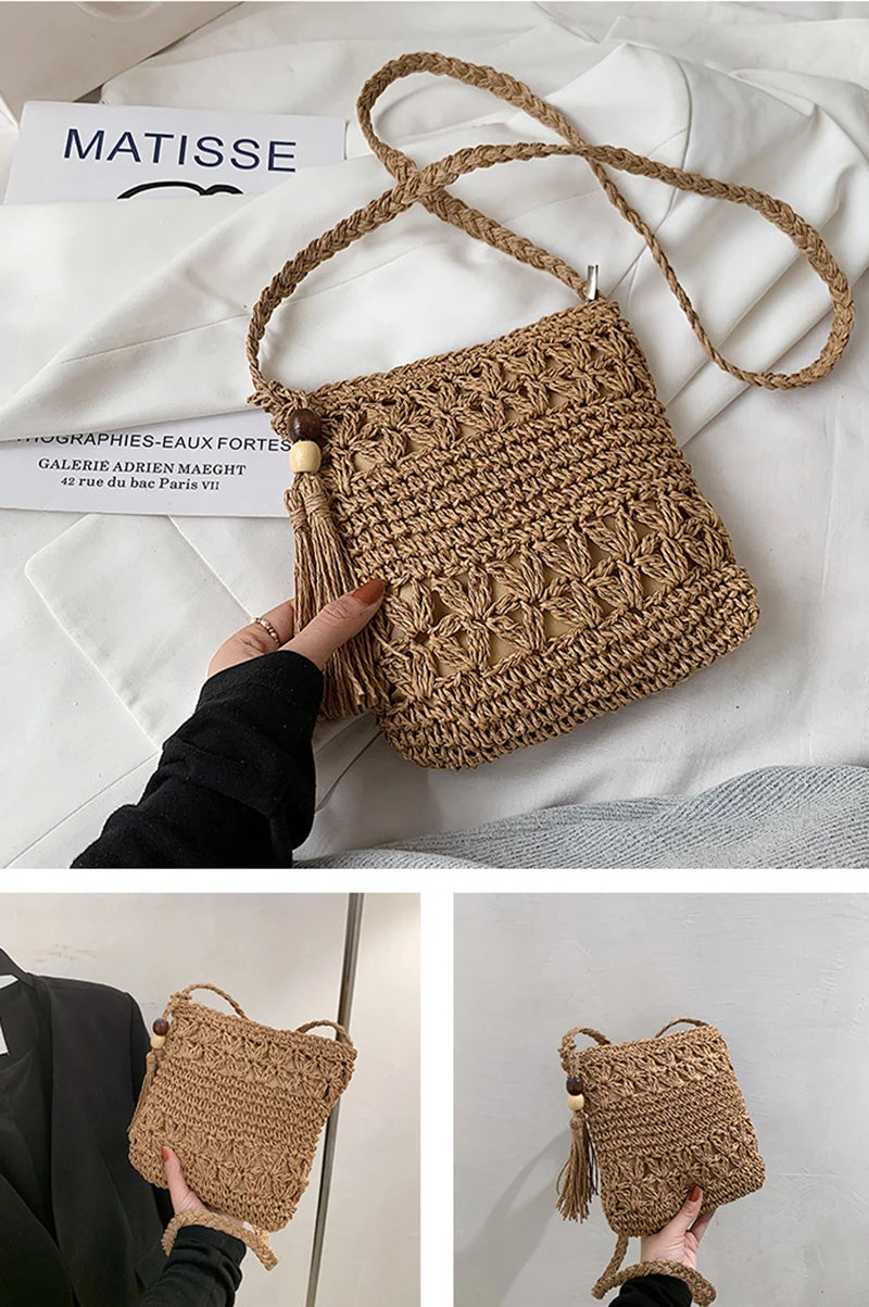 Bohemian Straw Shoulder Bag - Handmade Travel Beach Crossbody with Tassels - ZOOMNSTORE