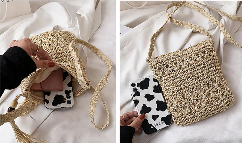 Bohemian Straw Shoulder Bag - Handmade Travel Beach Crossbody with Tassels - ZOOMNSTORE