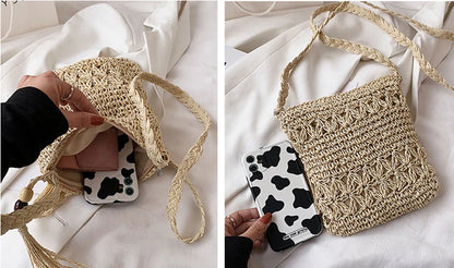 Bohemian Straw Shoulder Bag - Handmade Travel Beach Crossbody with Tassels - ZOOMNSTORE