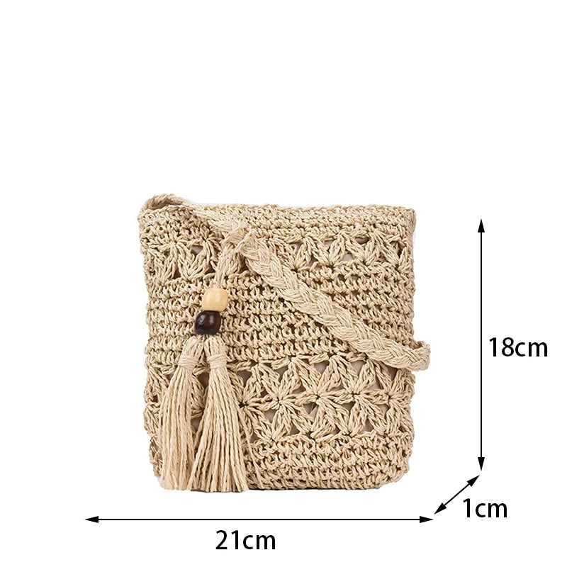Bohemian Straw Shoulder Bag - Handmade Travel Beach Crossbody with Tassels - ZOOMNSTORE