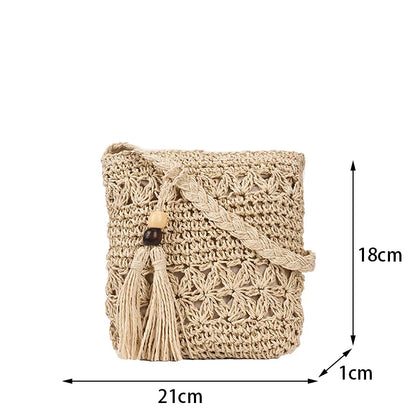 Bohemian Straw Shoulder Bag - Handmade Travel Beach Crossbody with Tassels - ZOOMNSTORE