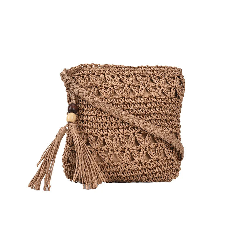 Bohemian Straw Shoulder Bag - Handmade Travel Beach Crossbody with Tassels - ZOOMNSTORE