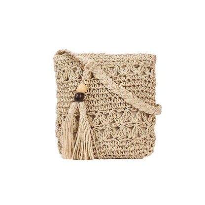 Bohemian Straw Shoulder Bag - Handmade Travel Beach Crossbody with Tassels - ZOOMNSTORE