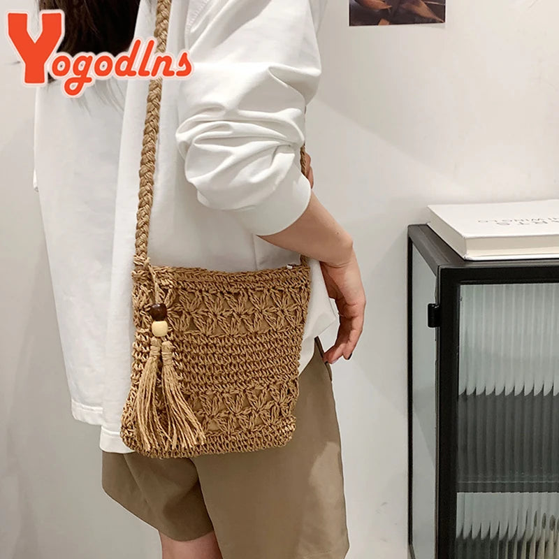 Bohemian Straw Shoulder Bag - Handmade Travel Beach Crossbody with Tassels - ZOOMNSTORE