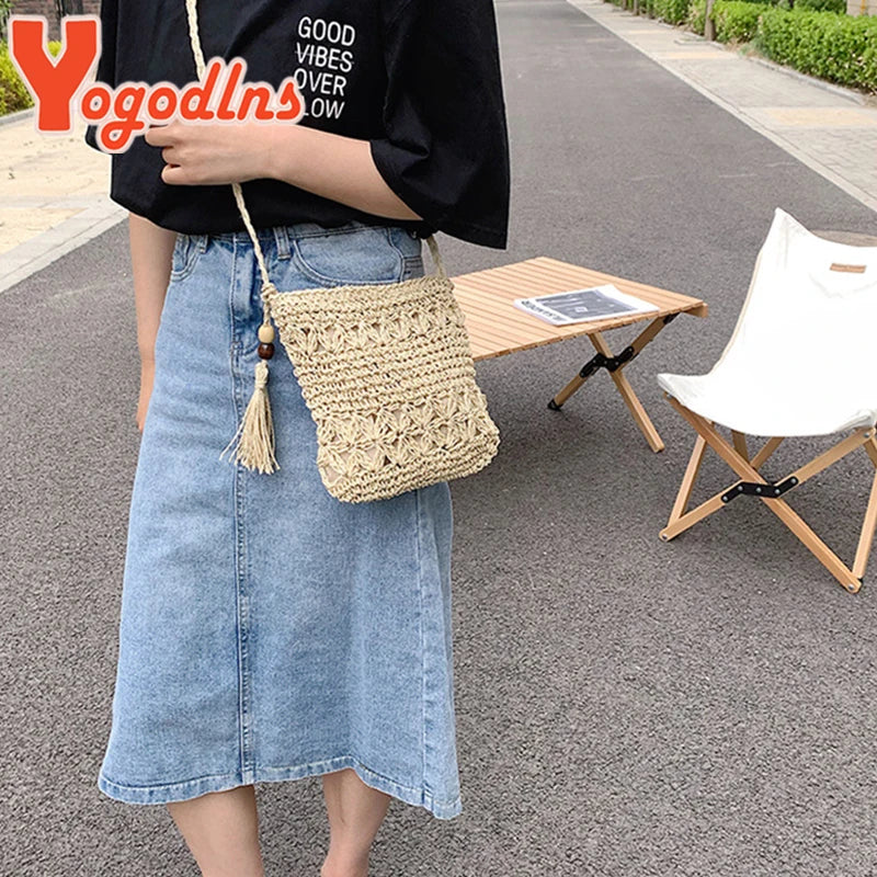 Bohemian Straw Shoulder Bag - Handmade Travel Beach Crossbody with Tassels - ZOOMNSTORE