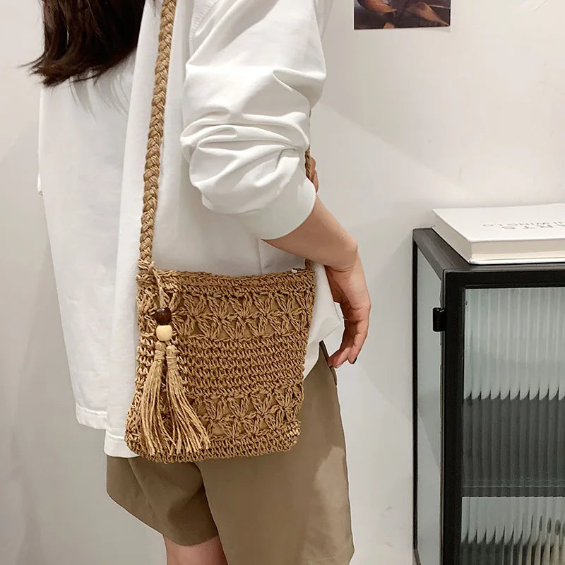 Bohemian Straw Shoulder Bag - Handmade Travel Beach Crossbody with Tassels - ZOOMNSTORE