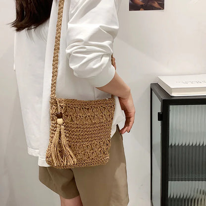 Bohemian Straw Shoulder Bag - Handmade Travel Beach Crossbody with Tassels - ZOOMNSTORE