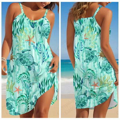 Elegant Sleeveless Mini Dress - Summer Beach Bohemian Sea Turtle Print - ZOOMNSTORE