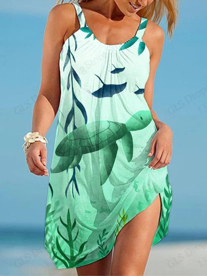 Elegant Sleeveless Mini Dress - Summer Beach Bohemian Sea Turtle Print - ZOOMNSTORE
