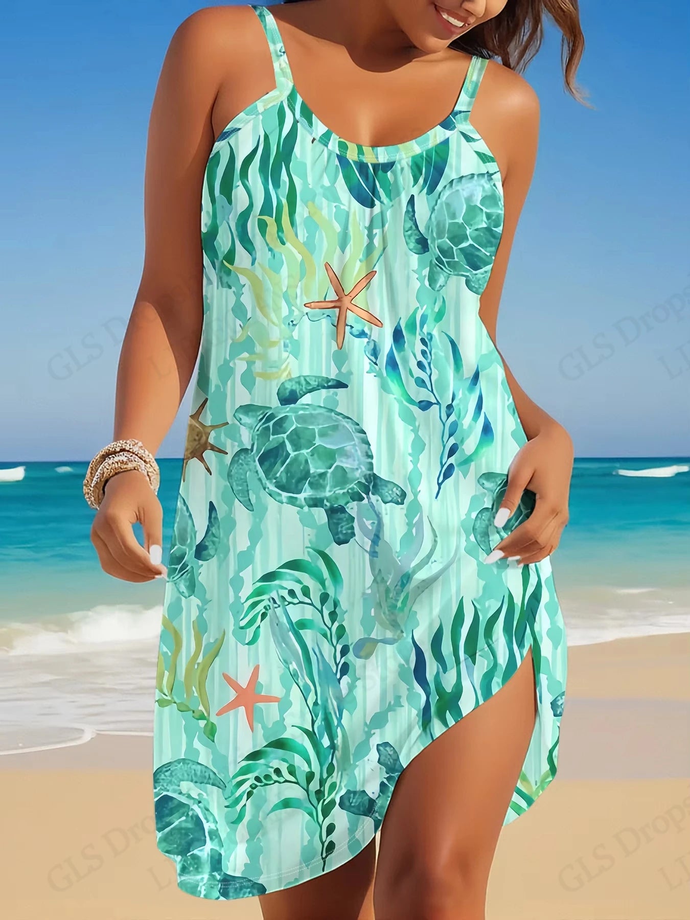 Elegant Sleeveless Mini Dress - Summer Beach Bohemian Sea Turtle Print - ZOOMNSTORE