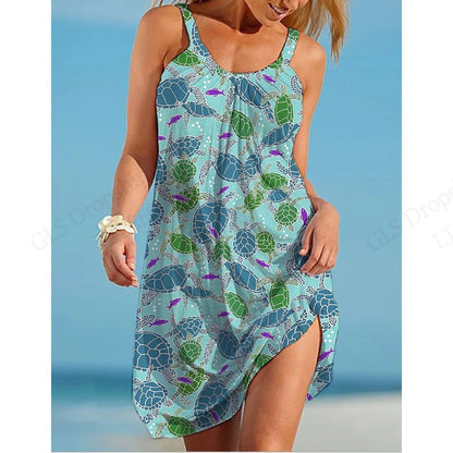 Elegant Sleeveless Mini Dress - Summer Beach Bohemian Sea Turtle Print - ZOOMNSTORE