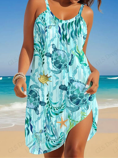 Elegant Sleeveless Mini Dress - Summer Beach Bohemian Sea Turtle Print - ZOOMNSTORE