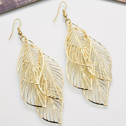 Boho Hollow Leaf Dangle Earrings - Multi-layer Golden Alloy Jewelry - ZOOMNSTORE