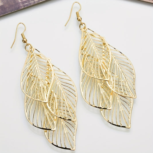 Boho Hollow Leaf Dangle Earrings - Multi-layer Golden Alloy Jewelry - ZOOMNSTORE