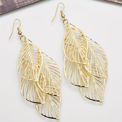 Boho Hollow Leaf Dangle Earrings - Multi-layer Golden Alloy Jewelry - ZOOMNSTORE