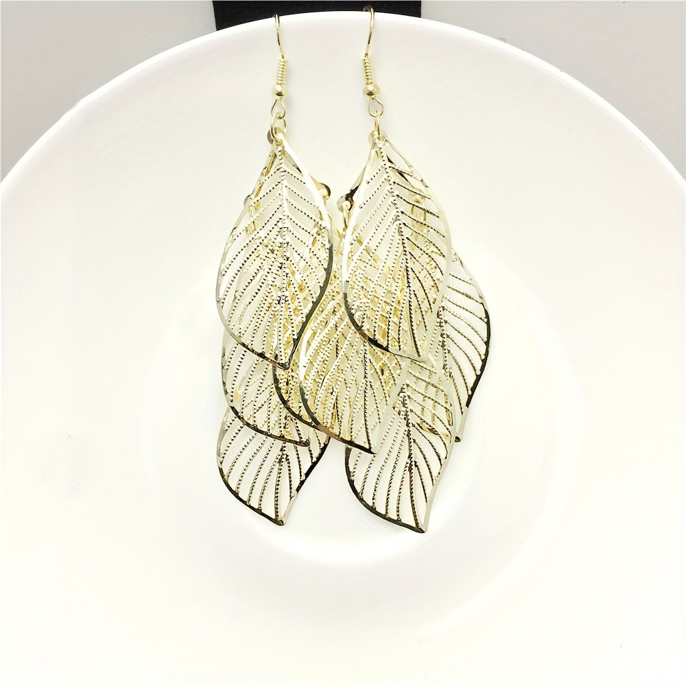 Boho Hollow Leaf Dangle Earrings - Multi-layer Golden Alloy Jewelry - ZOOMNSTORE