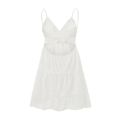 Boho Summer Spaghetti Strap Dress - Embroidered A-Line Backless Ruffled Sling Dress - ZOOMNSTORE