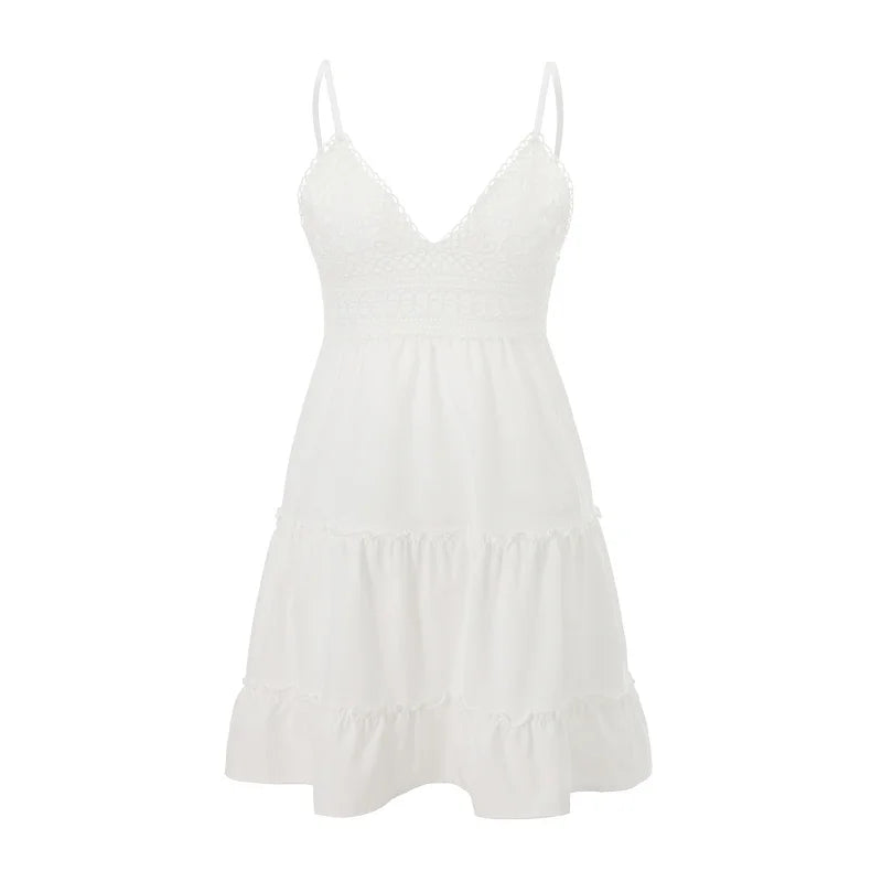 Boho Summer Spaghetti Strap Dress - Embroidered A-Line Backless Ruffled Sling Dress - ZOOMNSTORE