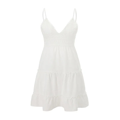 Boho Summer Spaghetti Strap Dress - Embroidered A-Line Backless Ruffled Sling Dress - ZOOMNSTORE