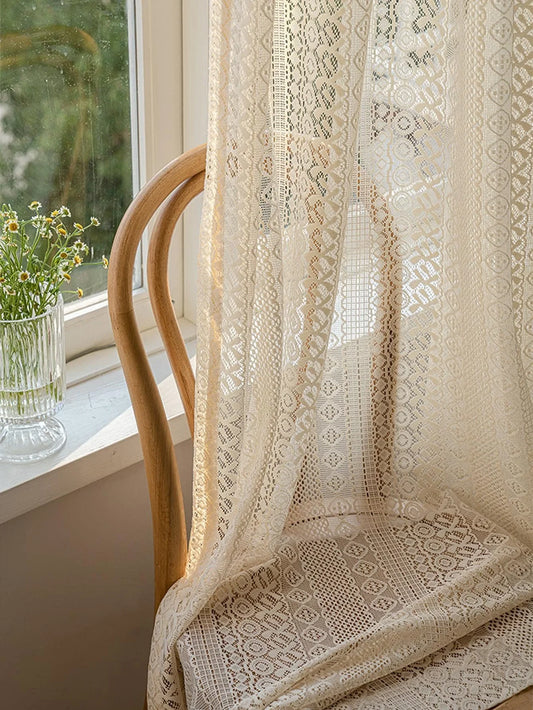 Boho Tulle Curtains - Sheer Beige Vintage Argyle Window Drapes for Living Room - ZOOMNSTORE