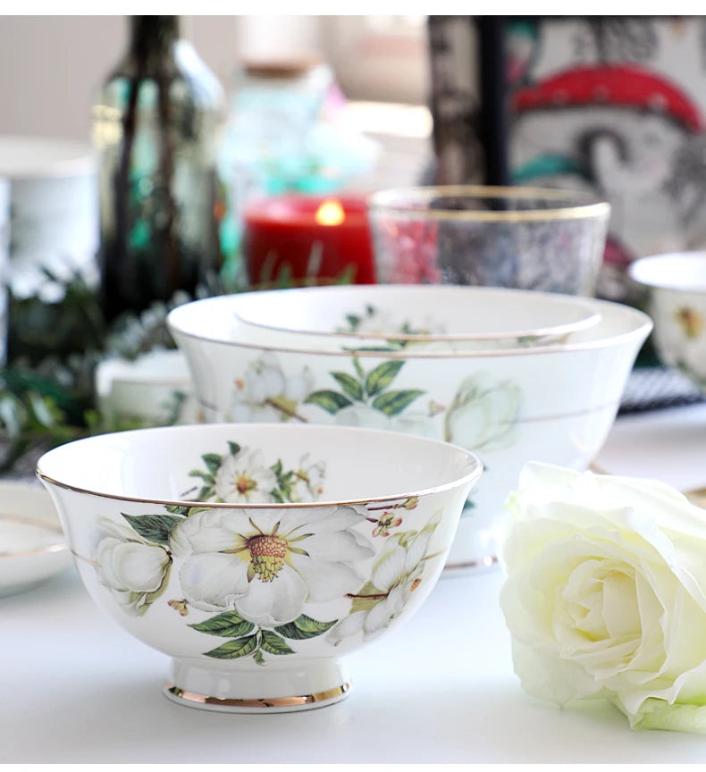 Bone China Dinnerware Set - Floral Ceramic Plates Bowls  Soup Pots - ZOOMNSTORE
