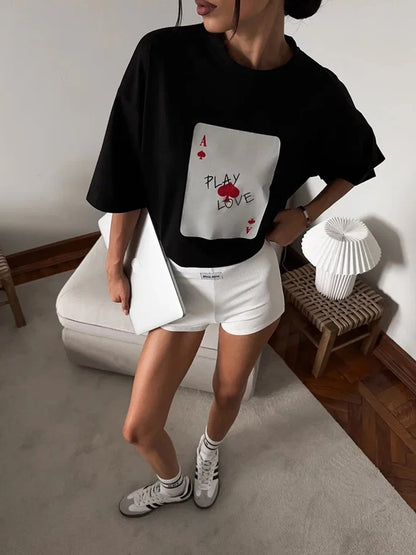 Bornladies Womens Cotton Poker Card T-Shirt - Casual O-Neck Short Sleeve Top - ZOOMNSTORE