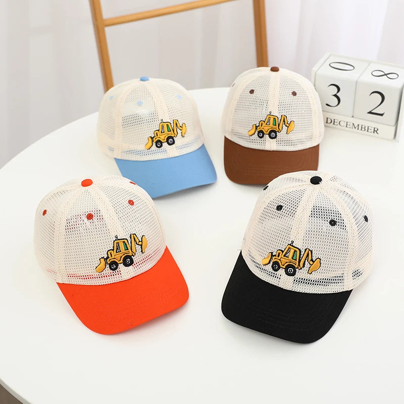 Summer Boys Baseball Hats Bulldozer Excavator Embroidered Child Cats Hip Hop Mesh Hat for 2-8Years Kids Sun Hat Snaback - ZOOMNSTORE