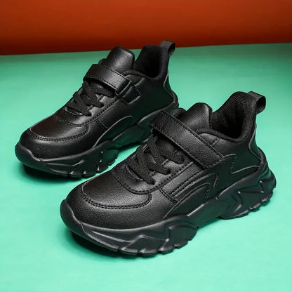 Boys Black Waterproof Running Shoes - Casual Leather Sports Footwear - ZOOMNSTORE