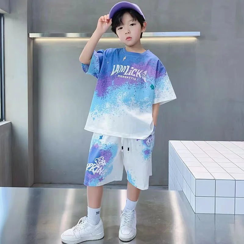 Boys Summer Casual Set - Gradient T-Shirt  Shorts 2-Piece Outfit - ZOOMNSTORE