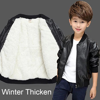 Boys Leather Jacket - Warm Autumn Waterproof Kids Zipper Closure Coat - ZOOMNSTORE