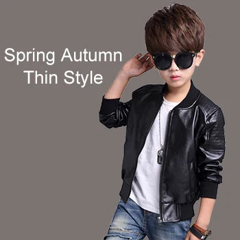 Boys Leather Jacket - Warm Autumn Waterproof Kids Zipper Closure Coat - ZOOMNSTORE