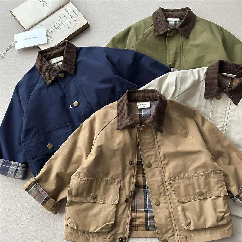 Boys Plaid Jacket - Long Sleeve Spliced Pocket Coat for Kids - ZOOMNSTORE