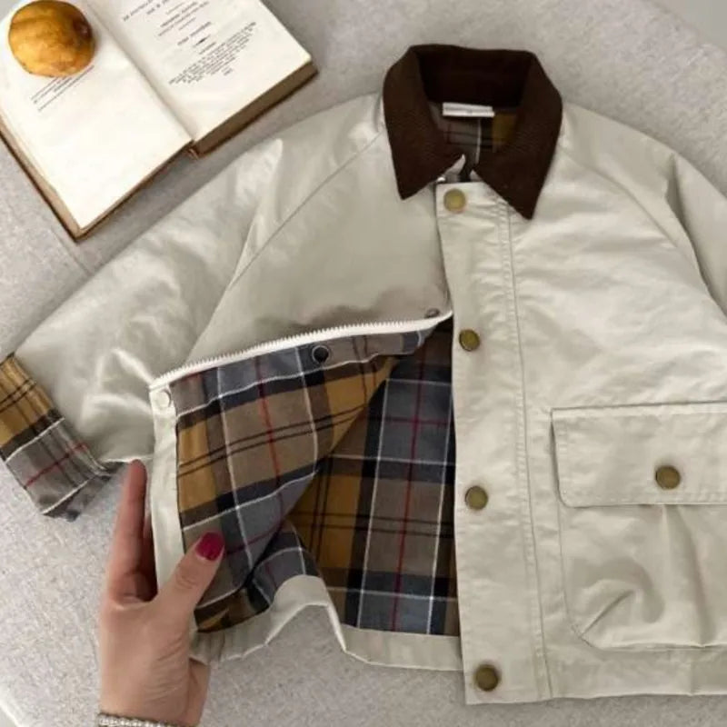 Boys Plaid Jacket - Long Sleeve Spliced Pocket Coat for Kids - ZOOMNSTORE
