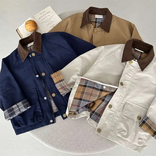Boys Plaid Jacket - Long Sleeve Spliced Pocket Coat for Kids - ZOOMNSTORE