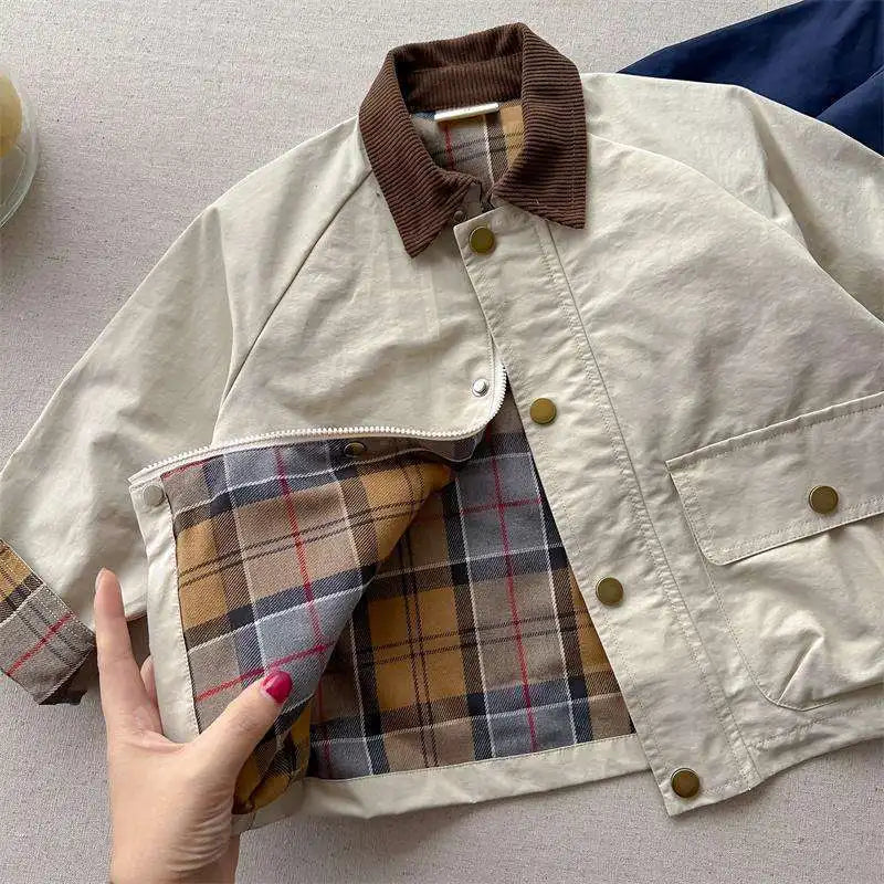 Boys Plaid Jacket - Long Sleeve Spliced Pocket Coat for Kids - ZOOMNSTORE
