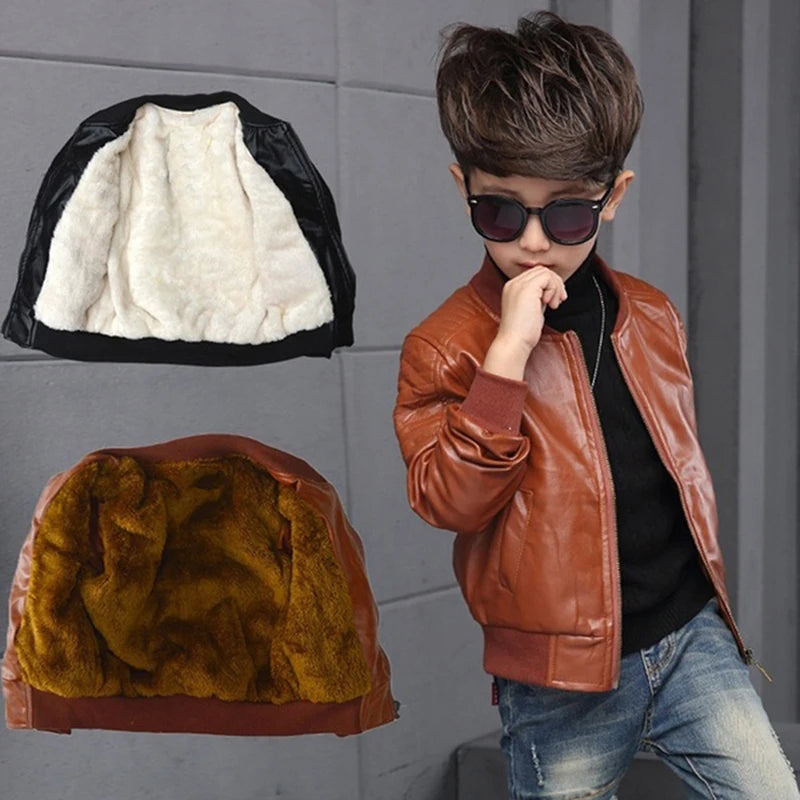 Boys Velvet Winter Jacket - Korean Plus Cotton Leather Coat for Kids 3-8Y - ZOOMNSTORE