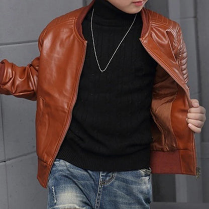 Boys Velvet Winter Jacket - Korean Plus Cotton Leather Coat for Kids 3-8Y - ZOOMNSTORE