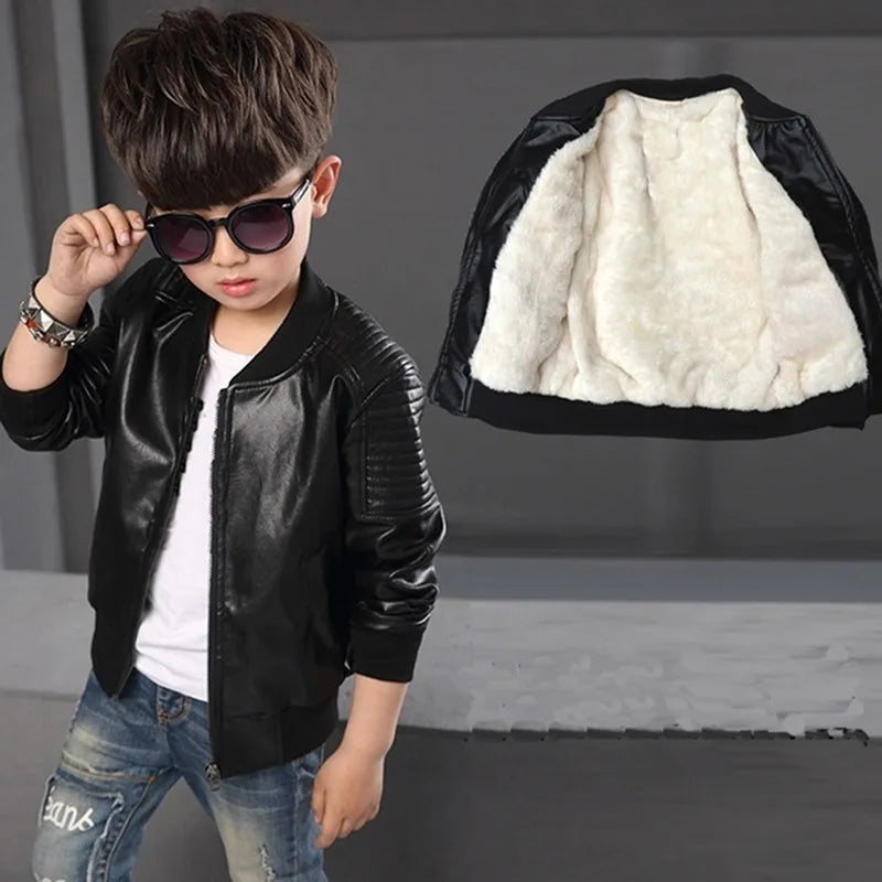 Boys Velvet Winter Jacket - Korean Plus Cotton Leather Coat for Kids 3-8Y - ZOOMNSTORE
