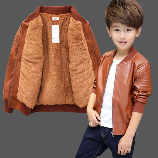 Boys Winter Coat - Warm Velvet  Non-Velvet PU Leather Jacket for 1-11Y Kids - ZOOMNSTORE