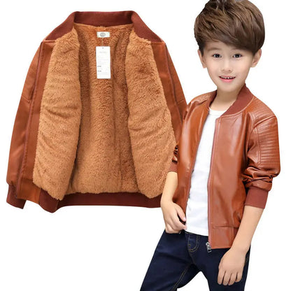 Boys Winter Coat - Warm Velvet  Non-Velvet PU Leather Jacket for 1-11Y Kids - ZOOMNSTORE